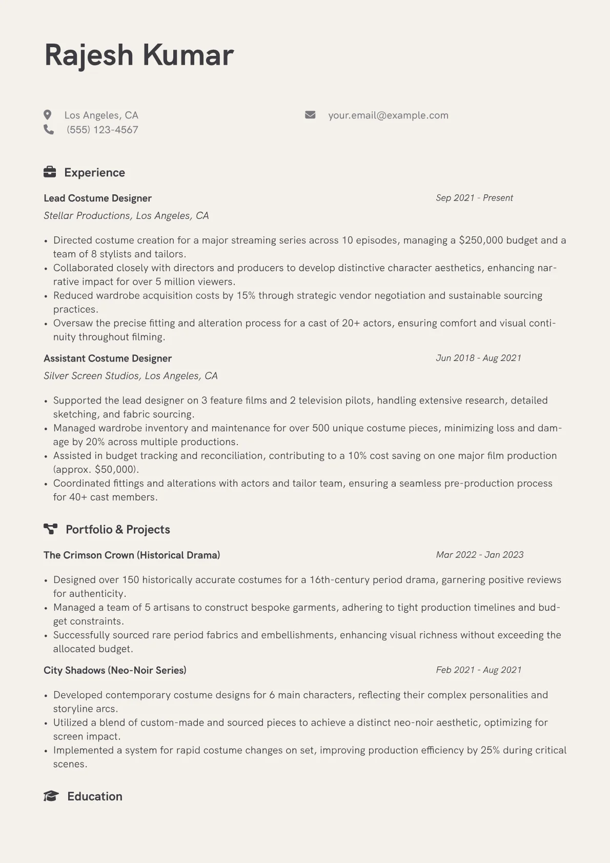 Costume Designer Resume Example CV template - Page 1