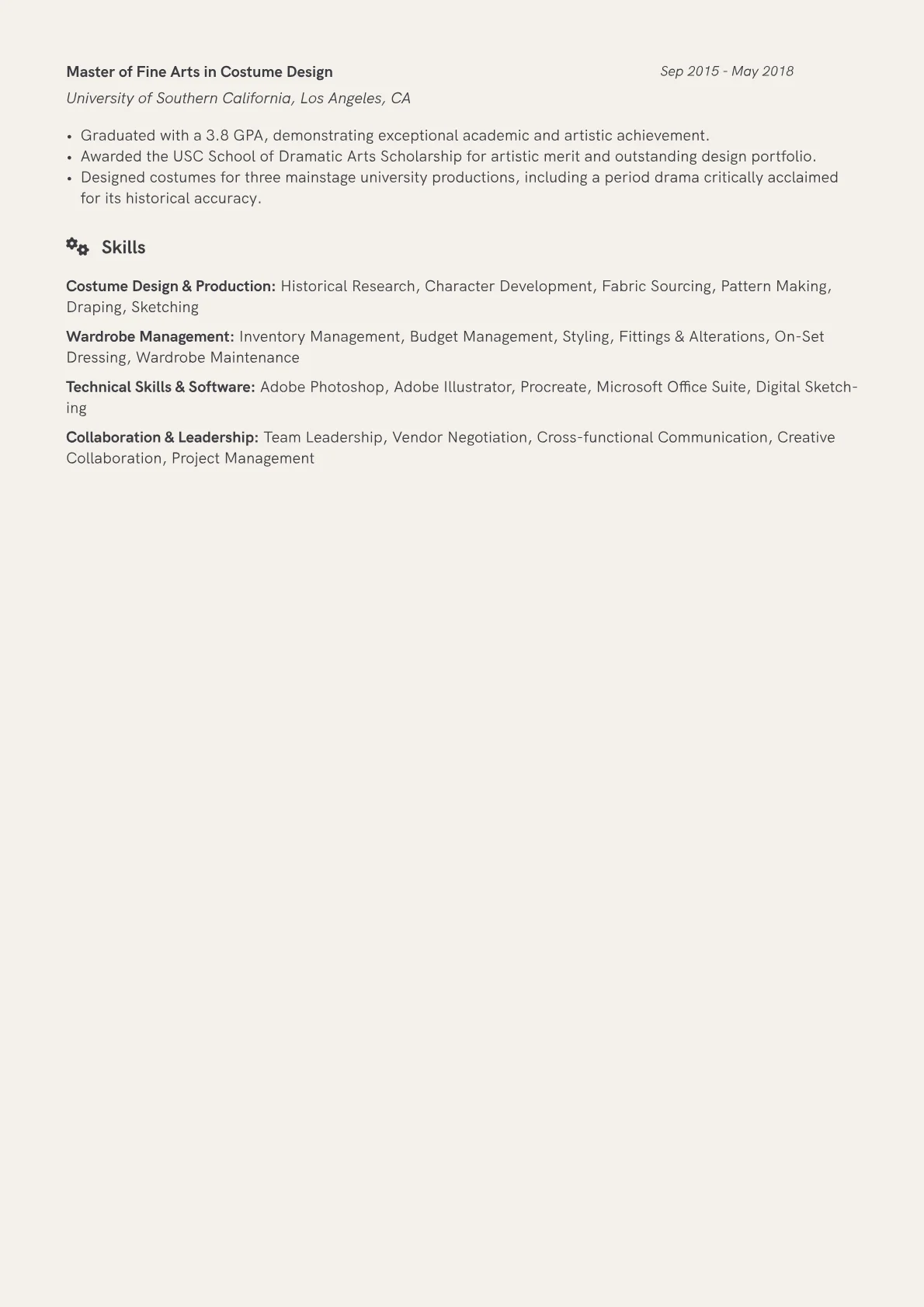 Costume Designer Resume Example CV template - Page 2