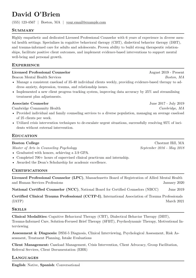 Counselor Resume Example