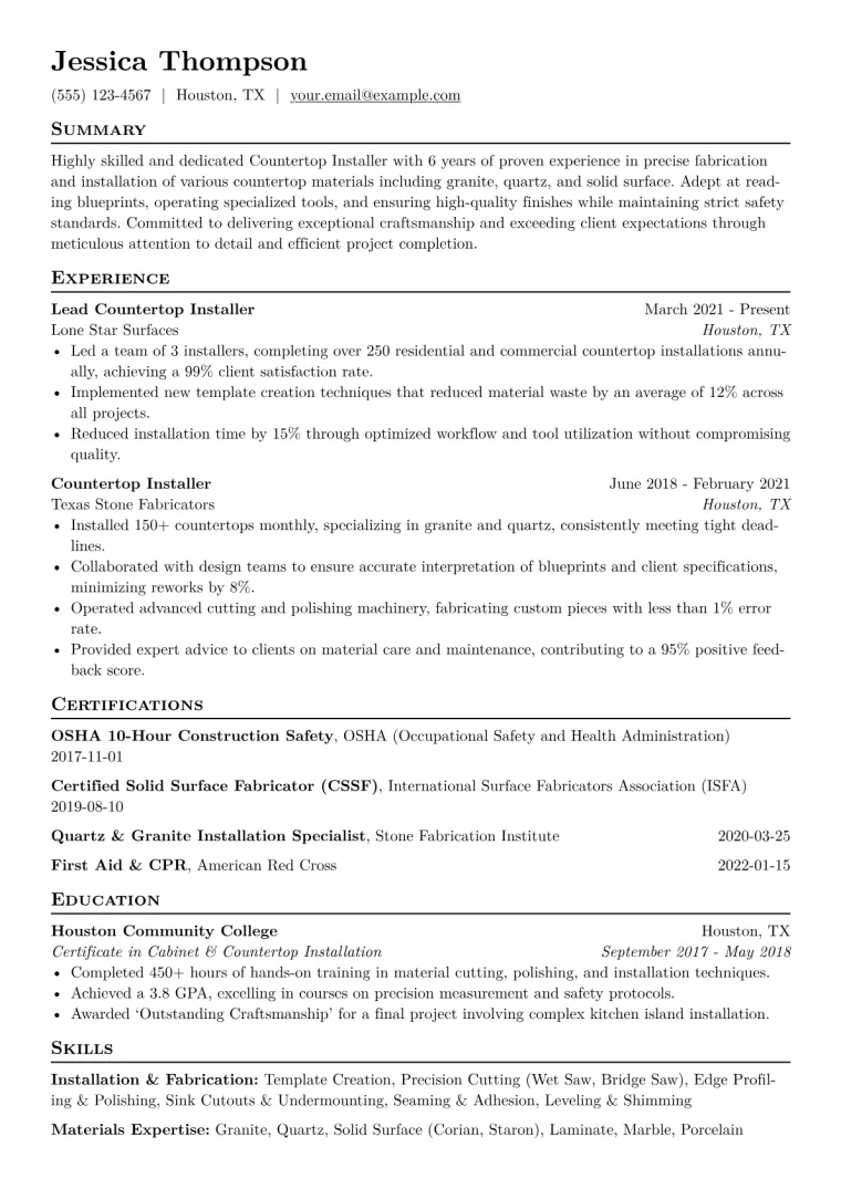 Countertop Installer Resume Example CV template preview