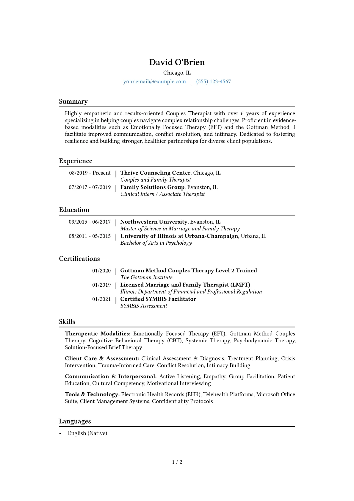 Couples Therapist Resume Example CV template - Page 1