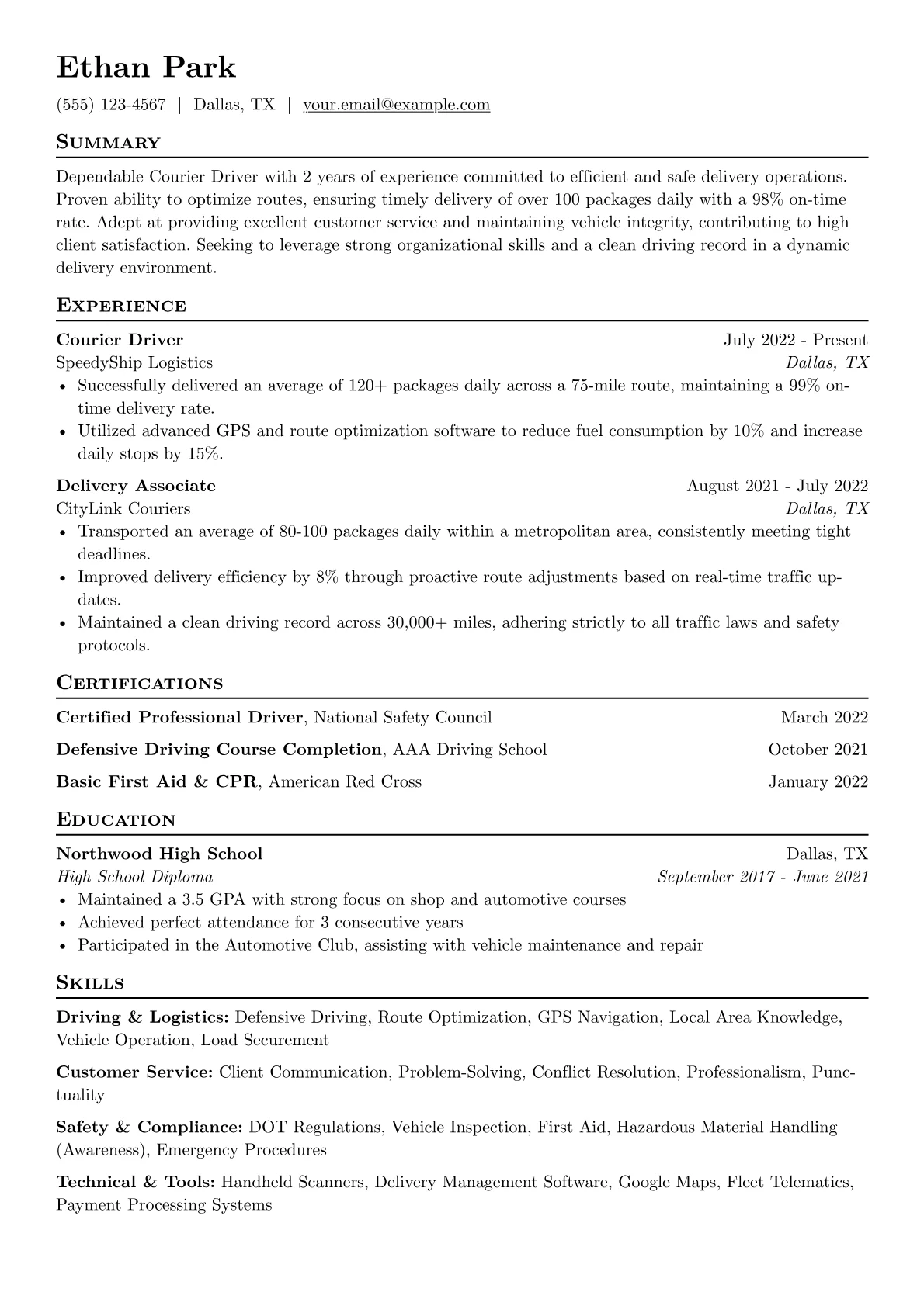 Courier Driver Resume Example CV template - Page 1