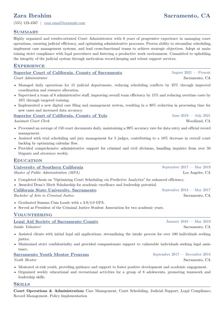 Court Administrator Resume Example CV template preview