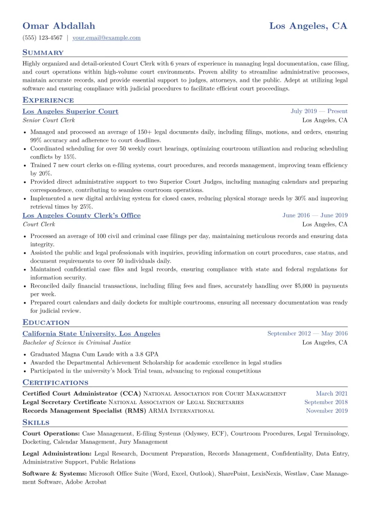 Court Clerk Resume Example CV template preview
