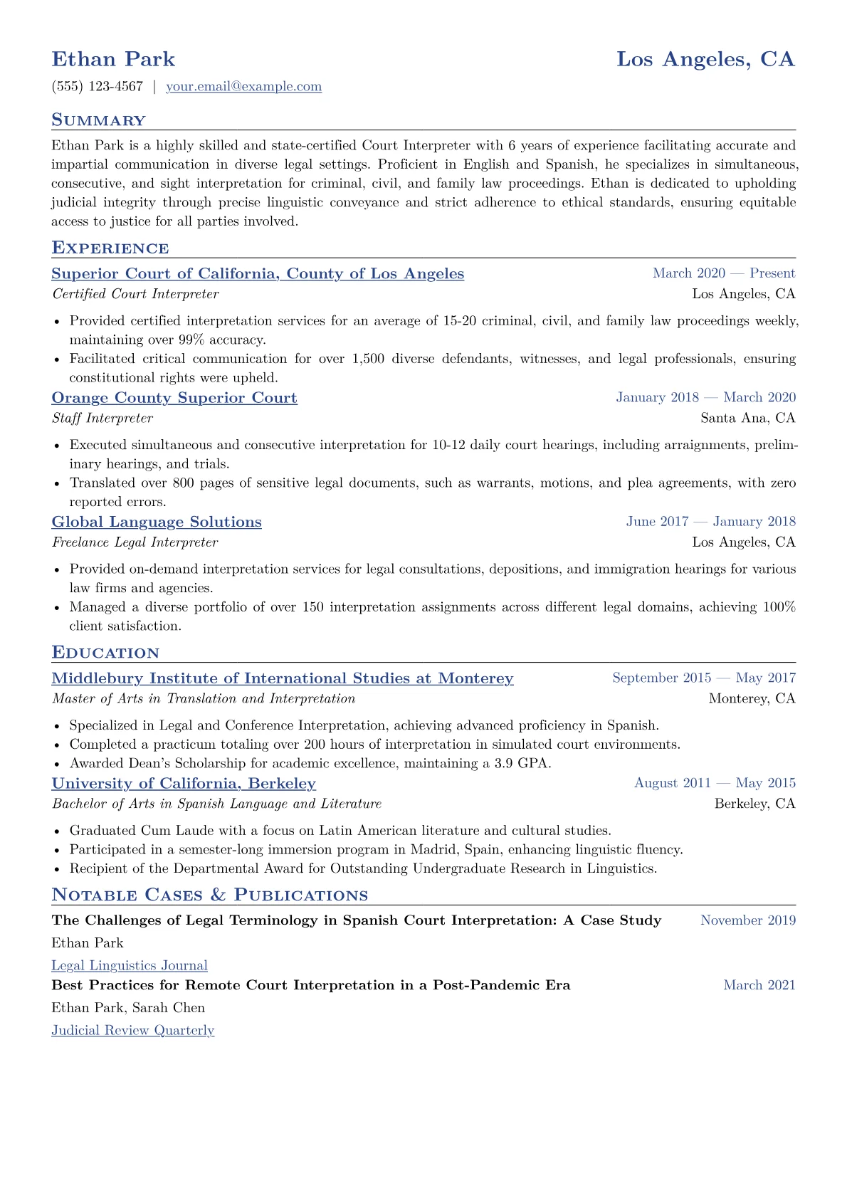 Court Interpreter Resume Example CV template - Page 1