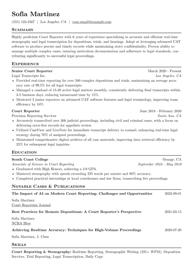 Court Reporter Resume Example CV template preview