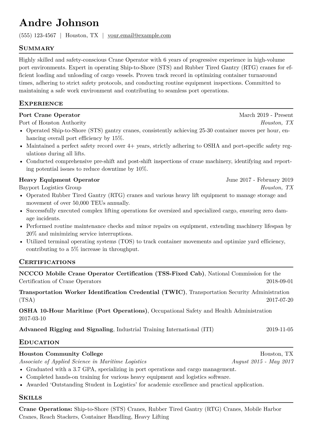 Crane Operator Port Resume Example CV template - Page 1