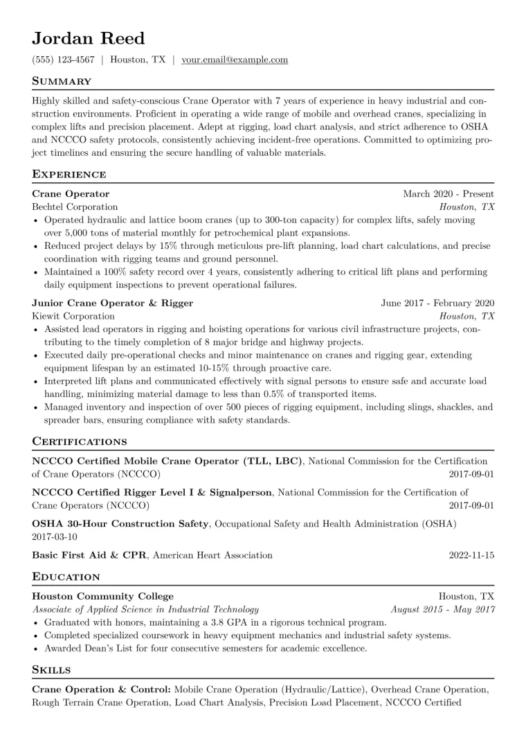 Crane Operator Resume Example CV template preview