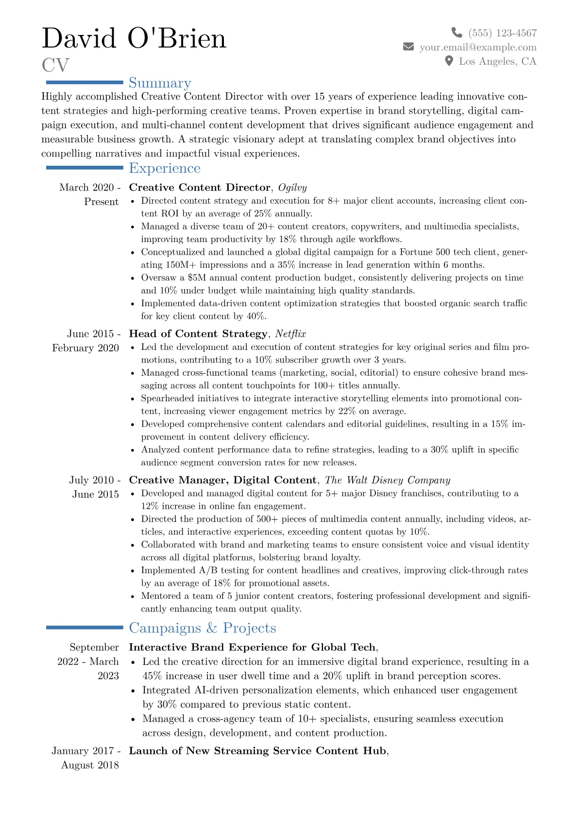 Creative Content Director Resume Example CV template - Page 1
