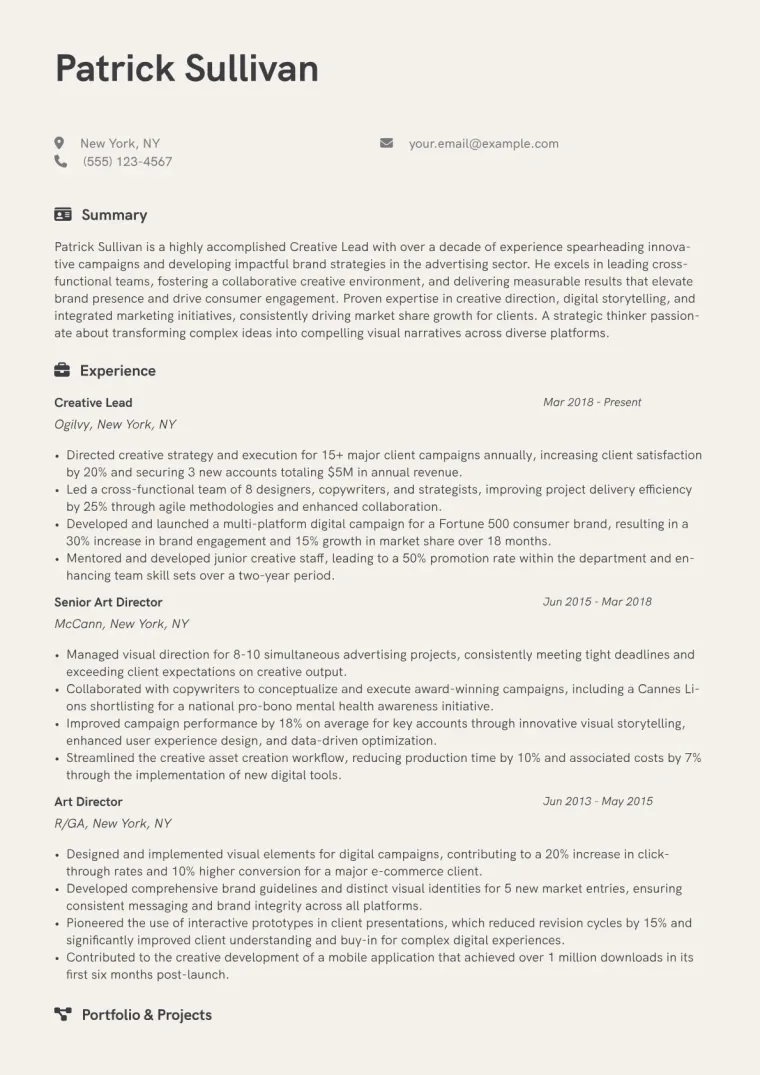 Creative Lead Resume Example CV template preview