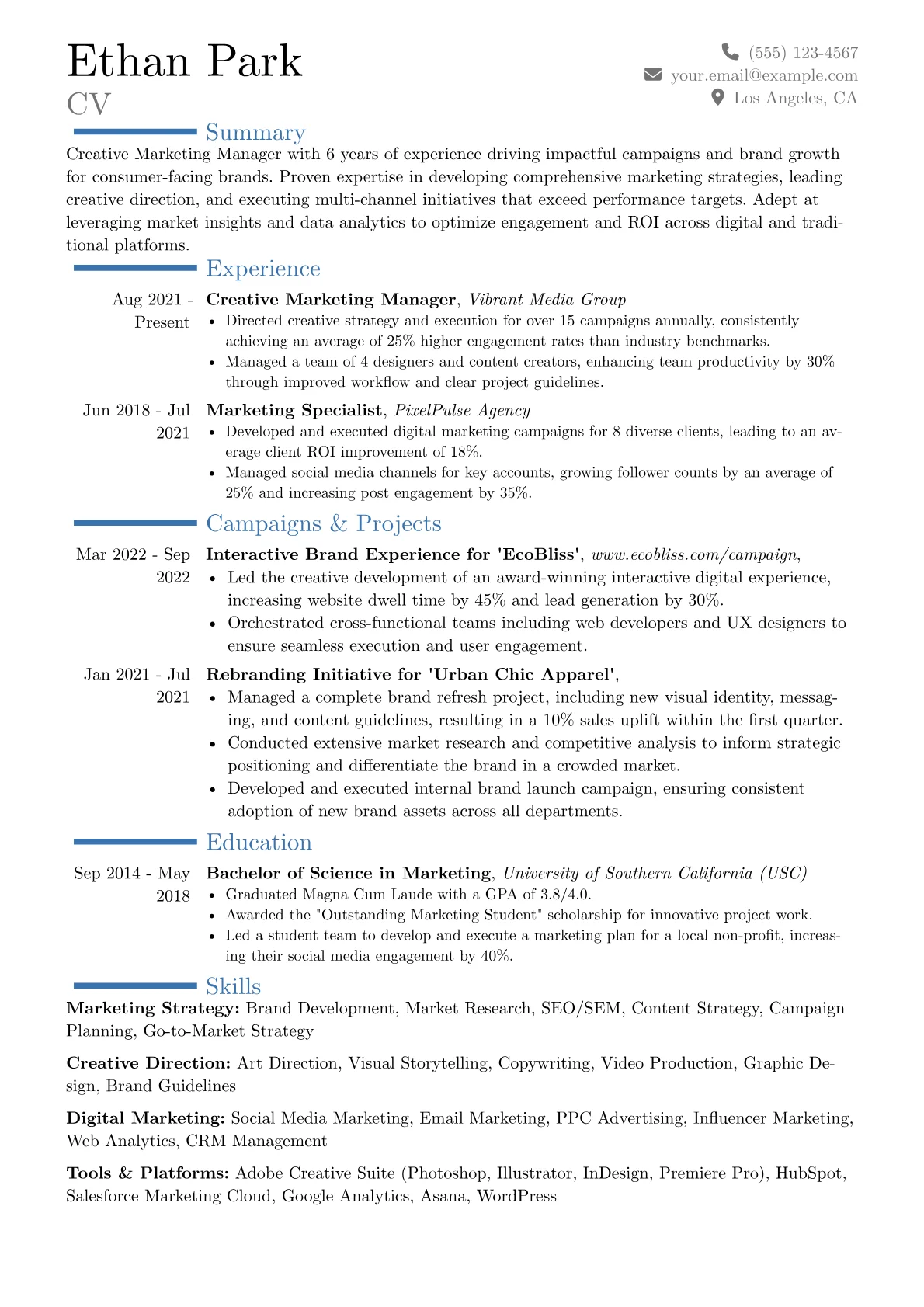 Creative Marketing Manager Resume Example CV template - Page 1