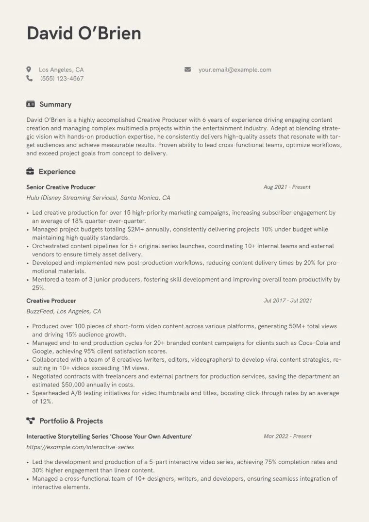 Creative Producer Resume Example CV template preview