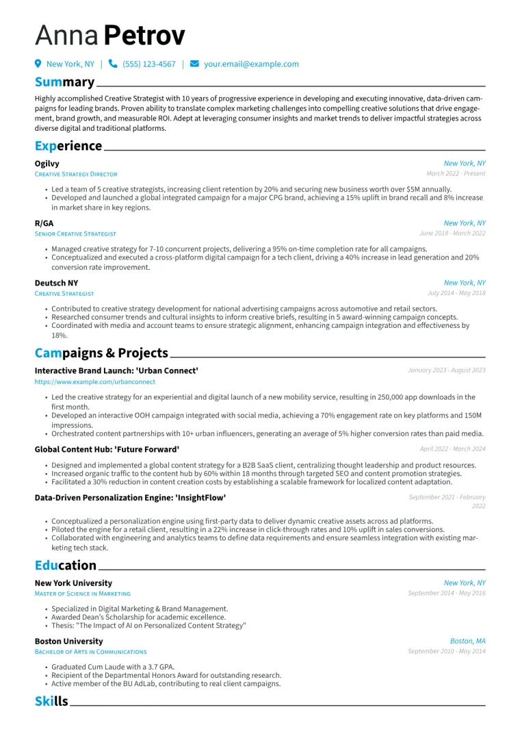 Creative Strategist Resume Example CV template preview