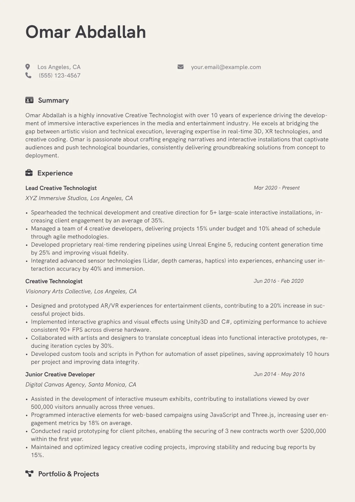 Creative Technologist Resume Example CV template - Page 1