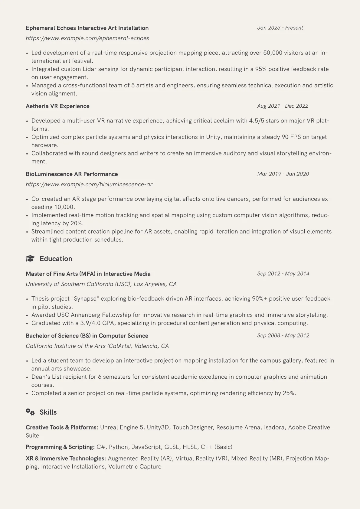 Creative Technologist Resume Example CV template - Page 2
