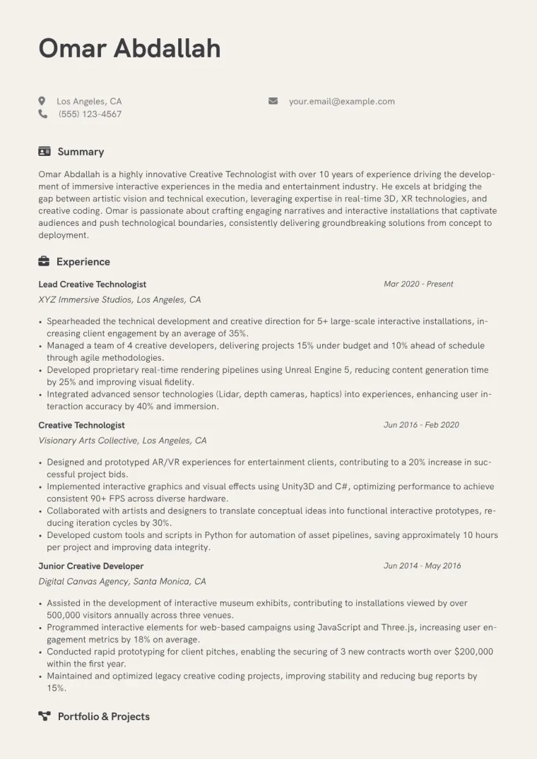 Creative Technologist Resume Example CV template preview
