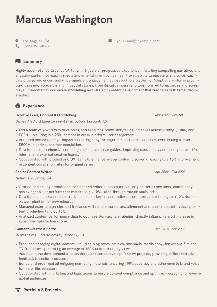 Creative Writer Resume Example CV template preview