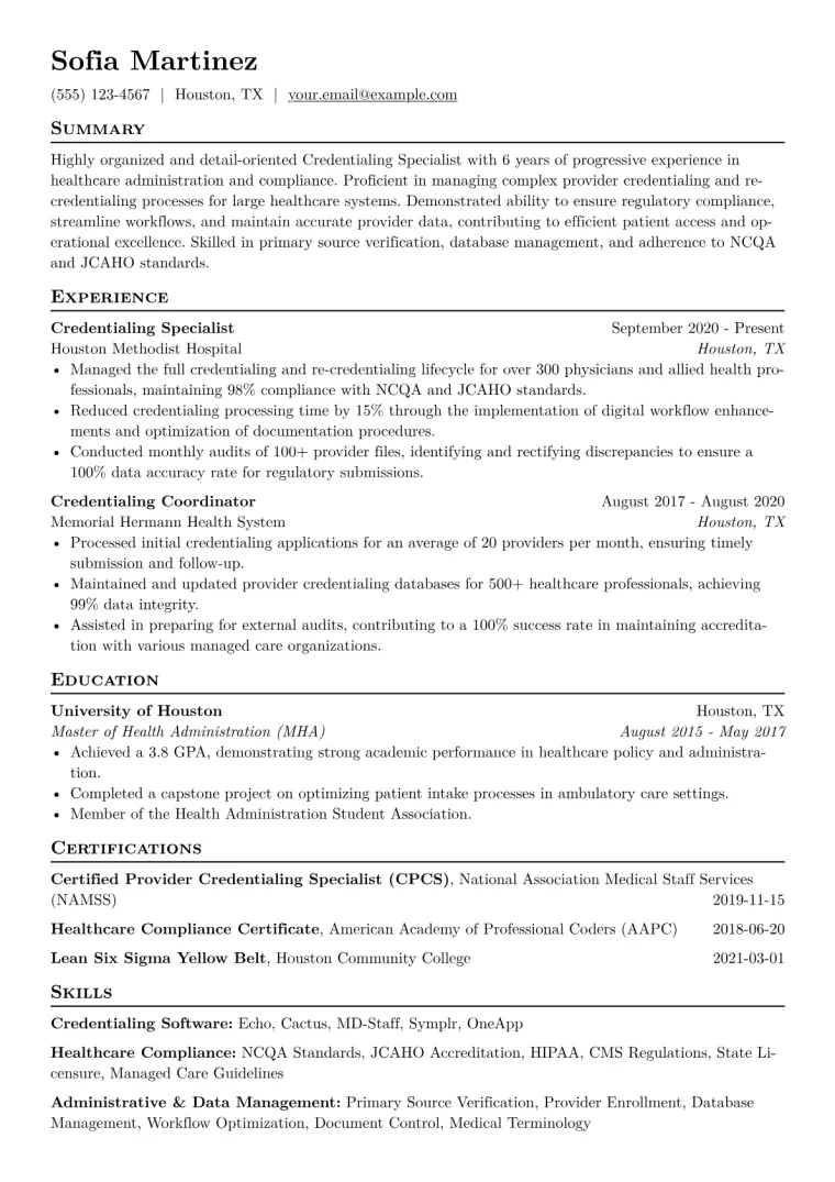 Credentialing Specialist Resume Example CV template preview