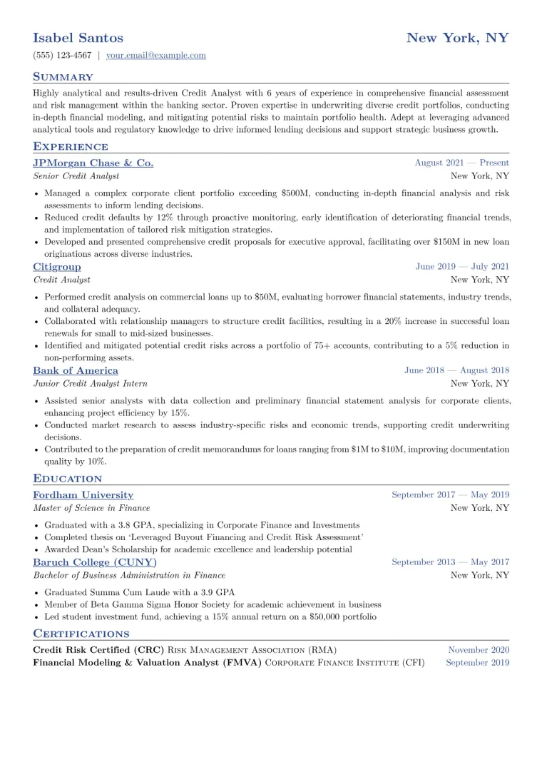 Credit Analyst Resume Example