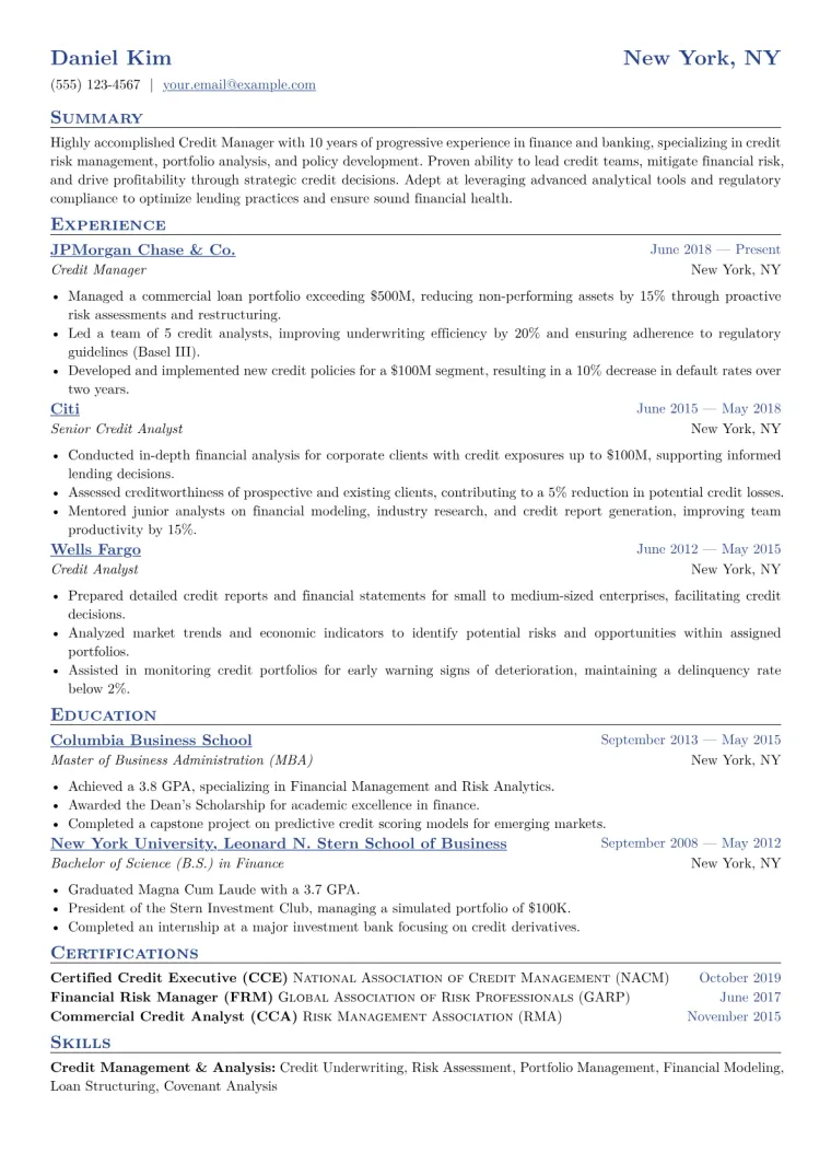 Credit Manager Resume Example CV template preview