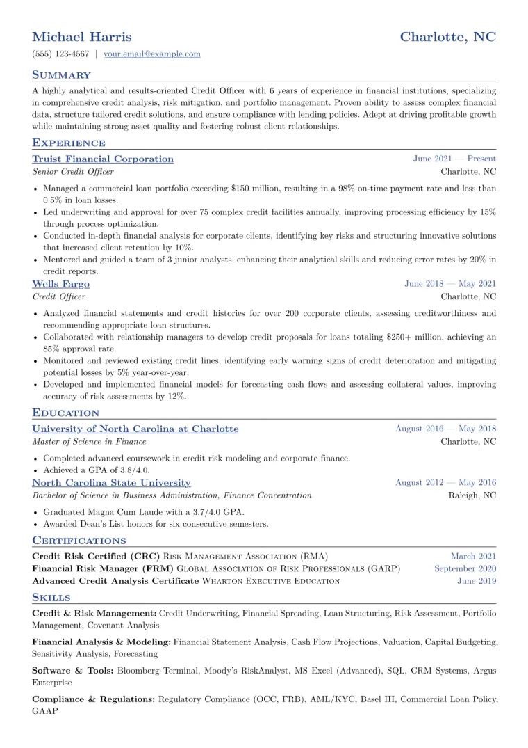 Credit Officer Resume Example CV template preview