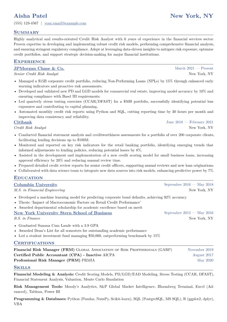 Credit Risk Analyst Resume Example CV template preview