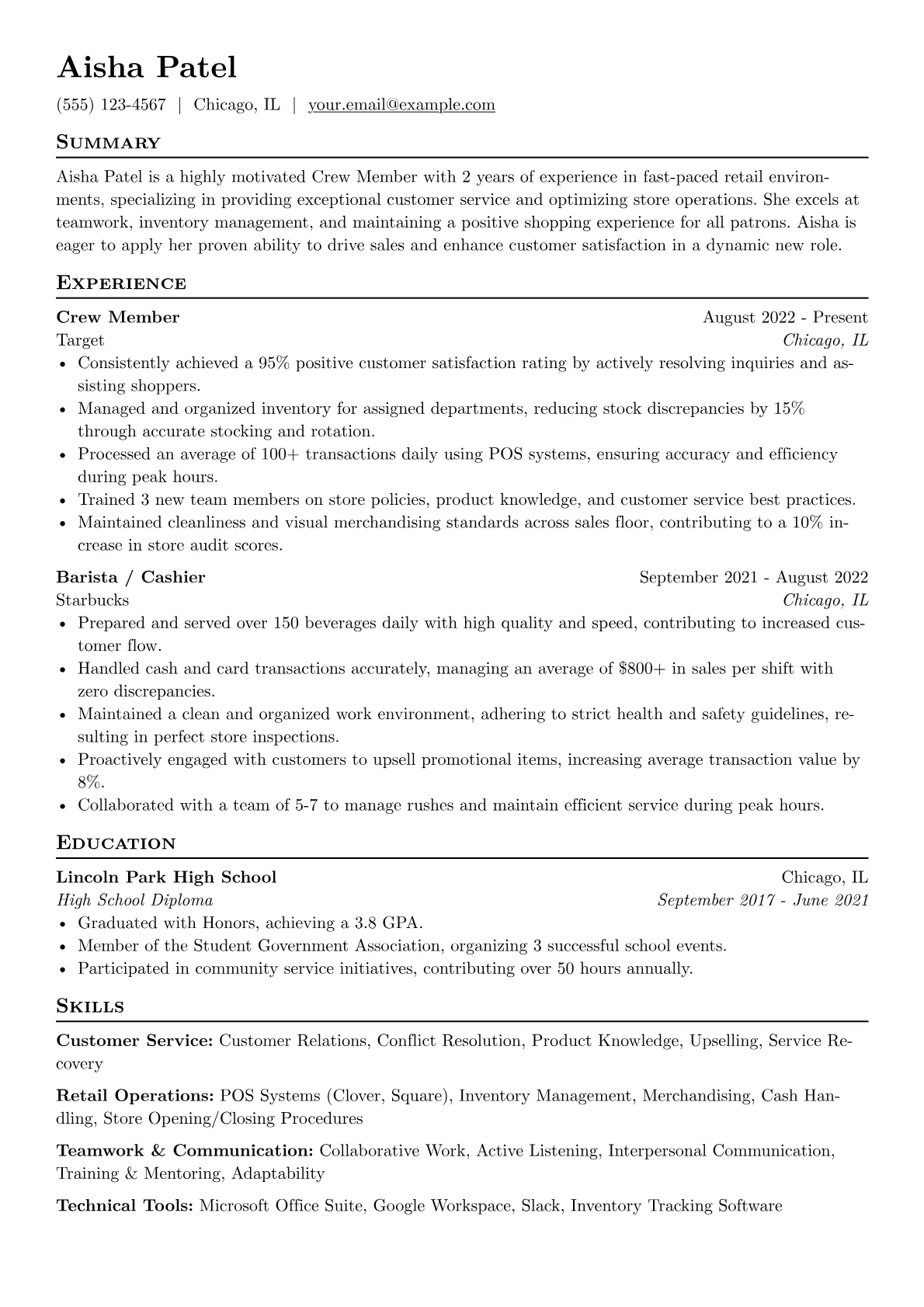 Crew Member Resume Example CV template - Page 1