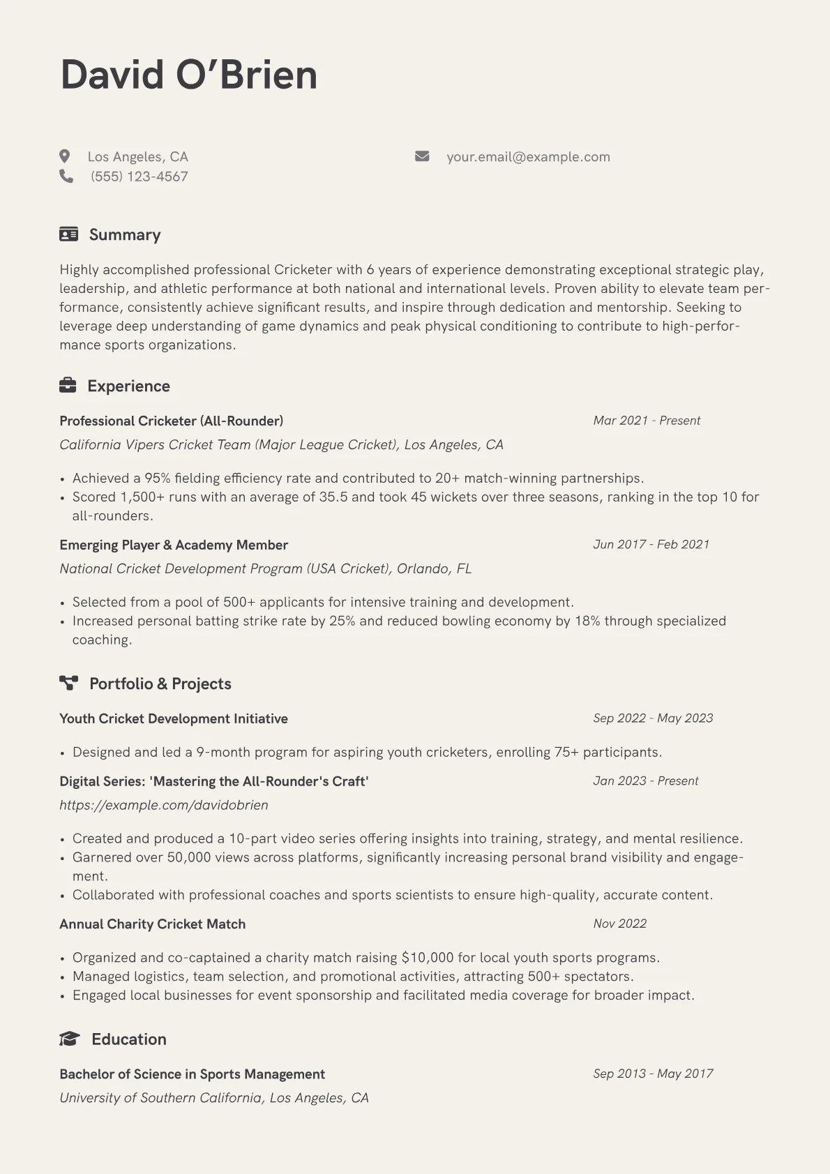 Cricketer Resume Example CV template - Page 1