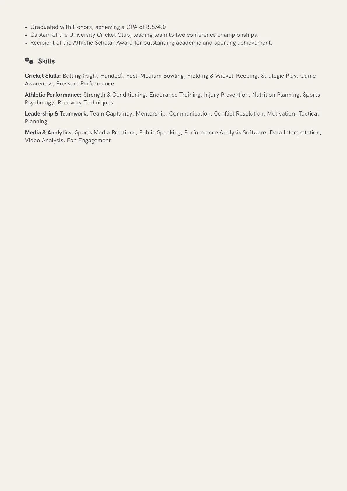 Cricketer Resume Example CV template - Page 2