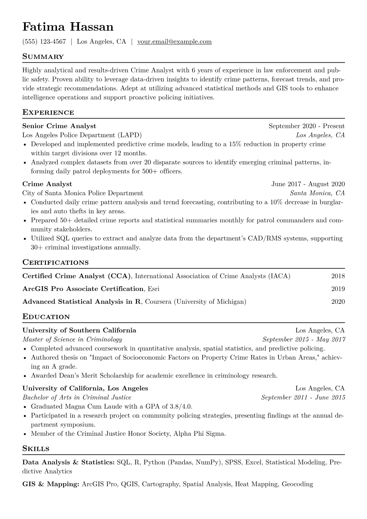 Crime Analyst Resume Example CV template - Page 1