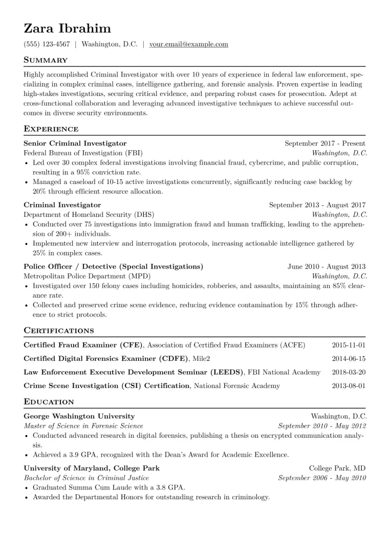 Criminal Investigator Resume Example CV template preview