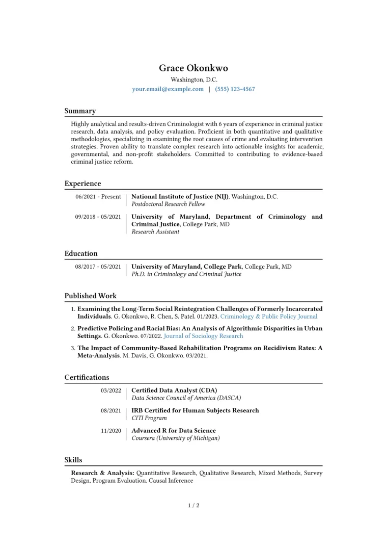 Criminologist Resume Example CV template preview