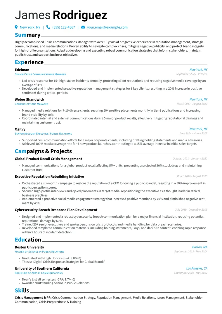Crisis Communications Manager Resume Example CV template preview