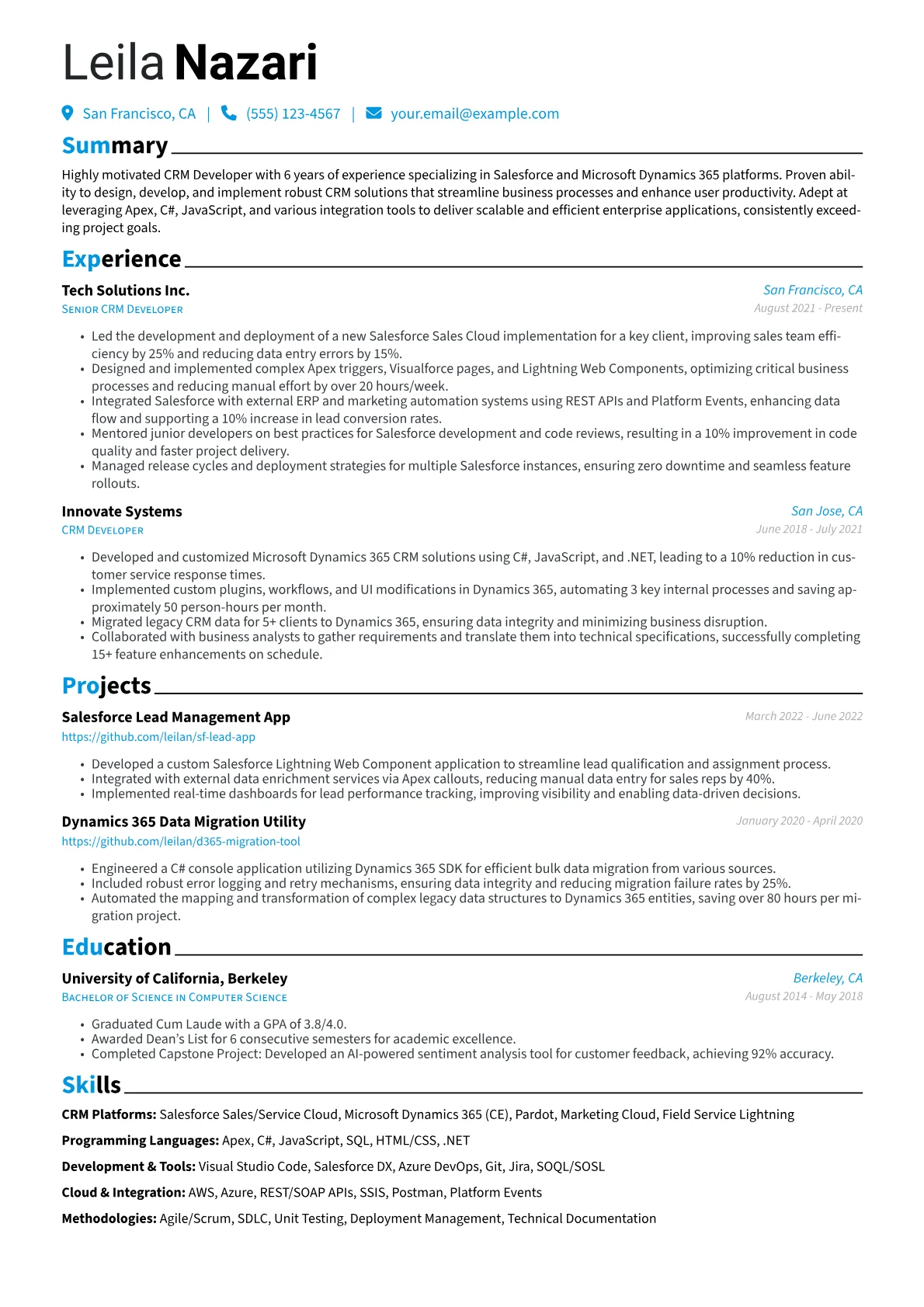 CRM Developer Resume Example CV template - Page 1