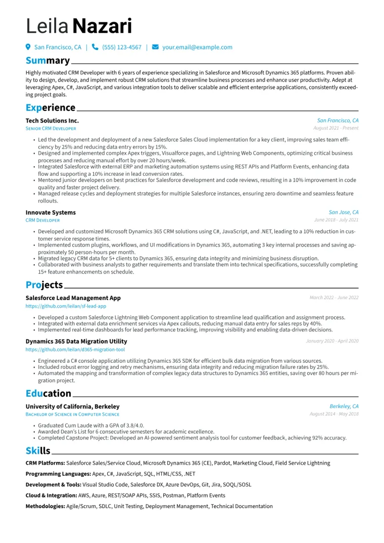 CRM Developer Resume Example CV template preview