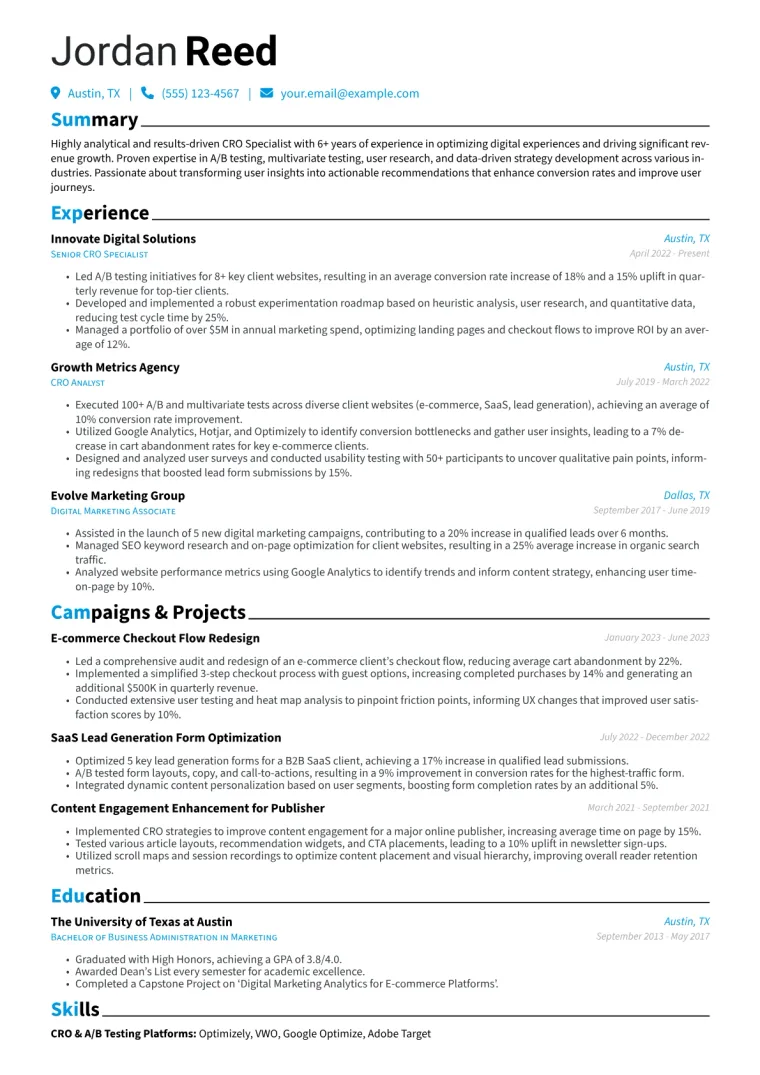 CRO Specialist Resume Example CV template preview