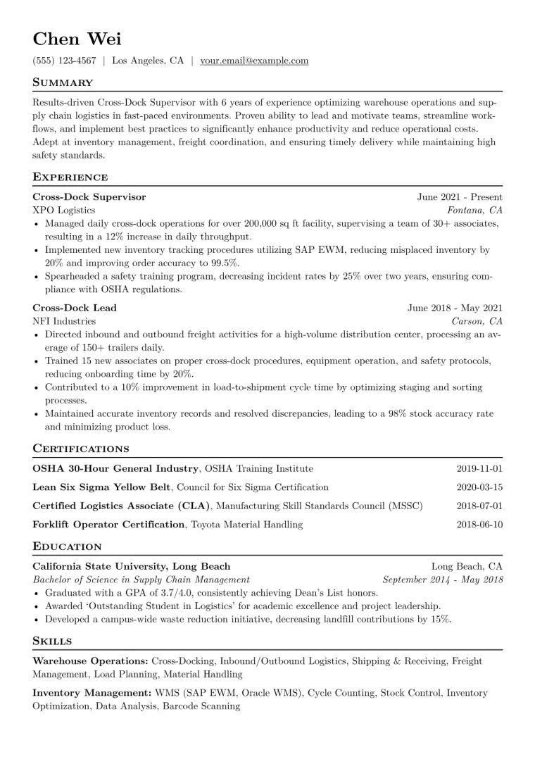 Cross-Dock Supervisor Resume Example CV template preview