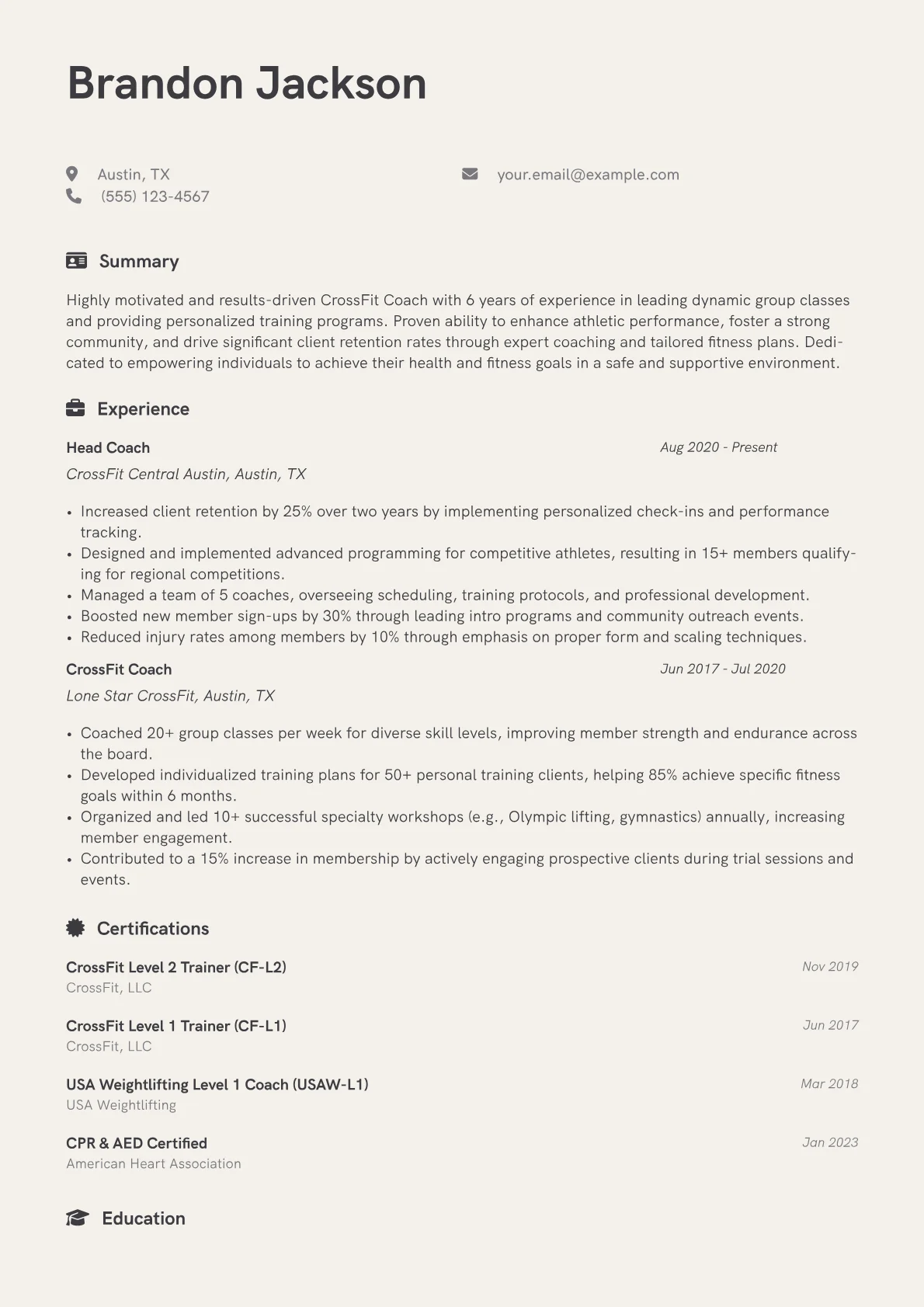 CrossFit Coach Resume Example CV template - Page 1
