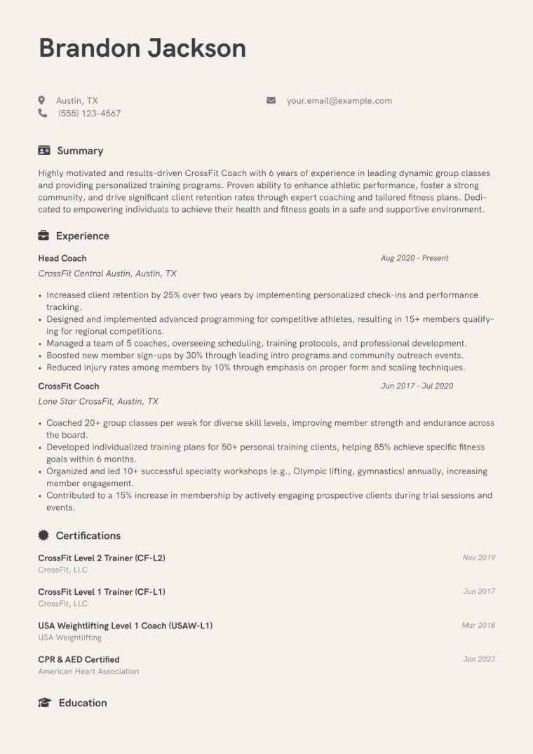 CrossFit Coach Resume Example CV template preview