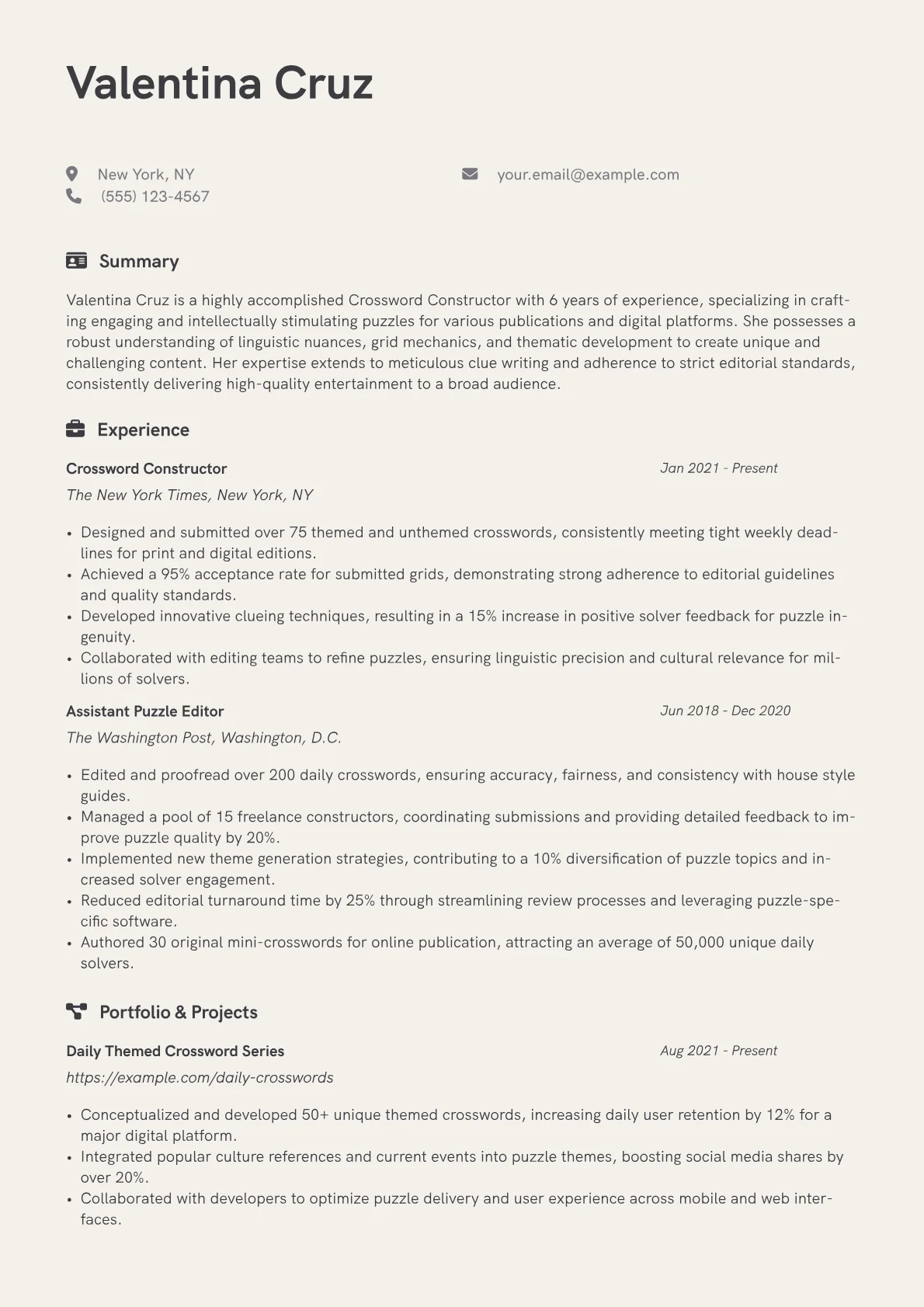Crossword Constructor Resume Example CV template - Page 1