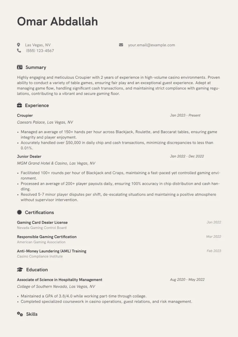 Croupier Resume Example CV template preview