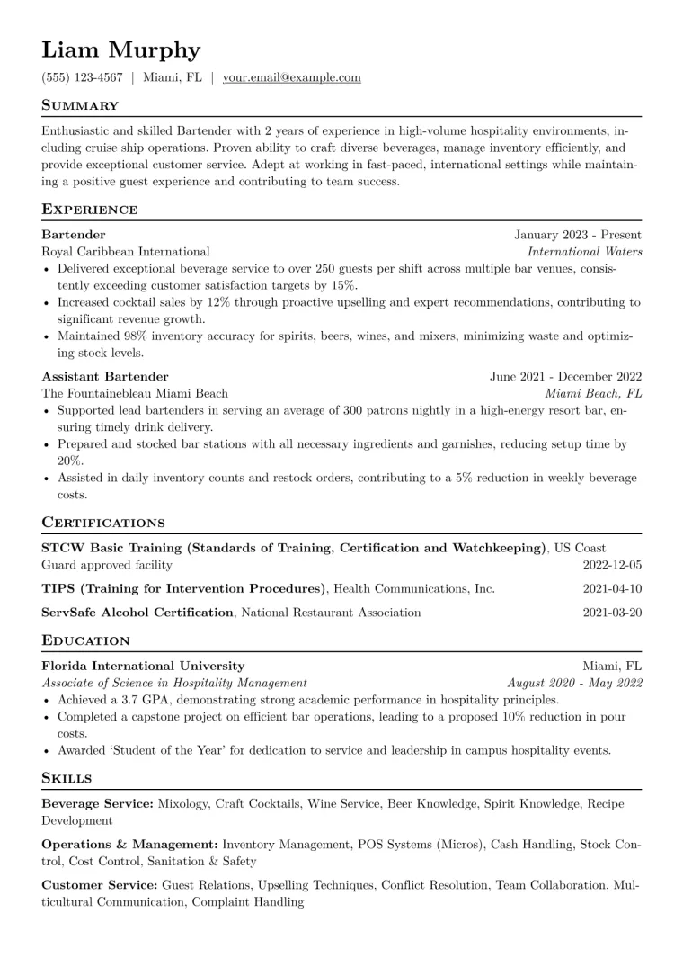 Cruise Ship Bartender Resume Example CV template preview