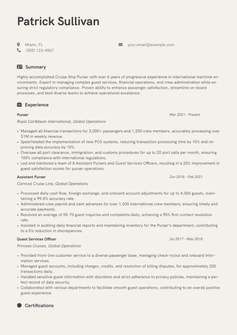 Cruise Ship Purser Resume Example CV template preview