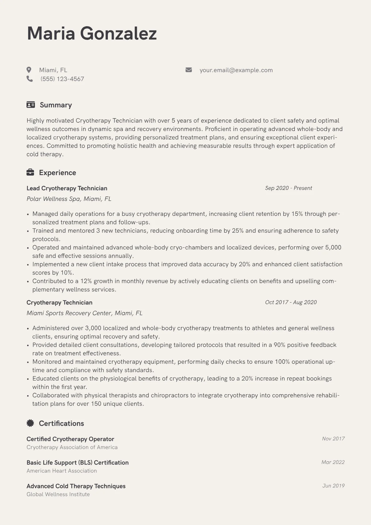 Cryotherapy Technician Resume Example CV template - Page 1