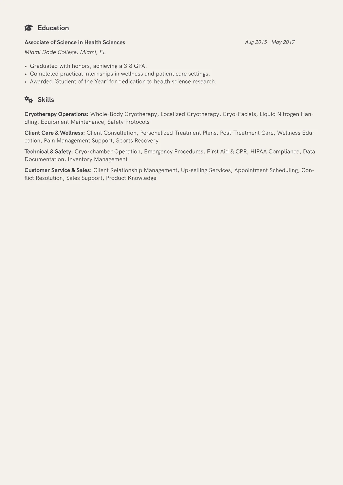 Cryotherapy Technician Resume Example CV template - Page 2