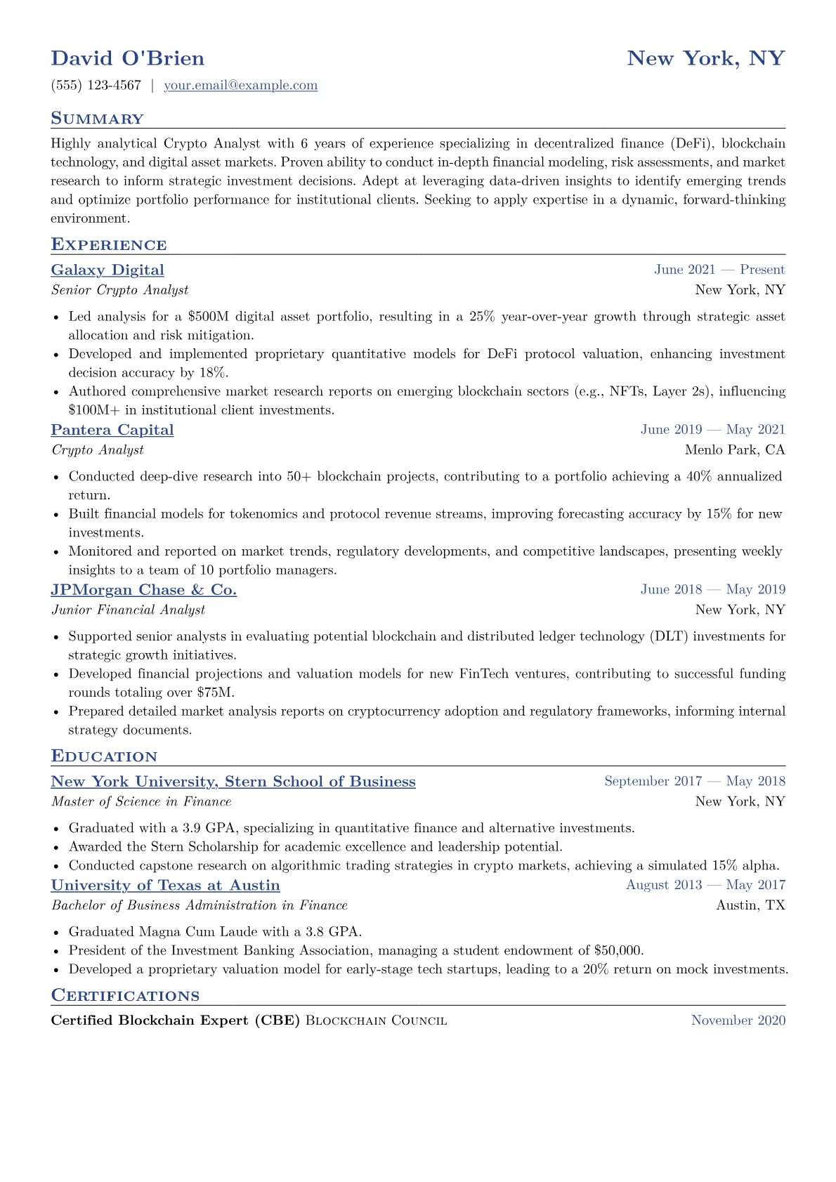 Crypto Analyst Resume Example CV template - Page 1