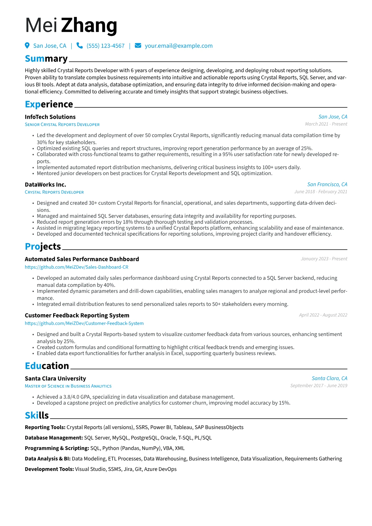 Crystal Reports Developer Resume Example CV template - Page 1