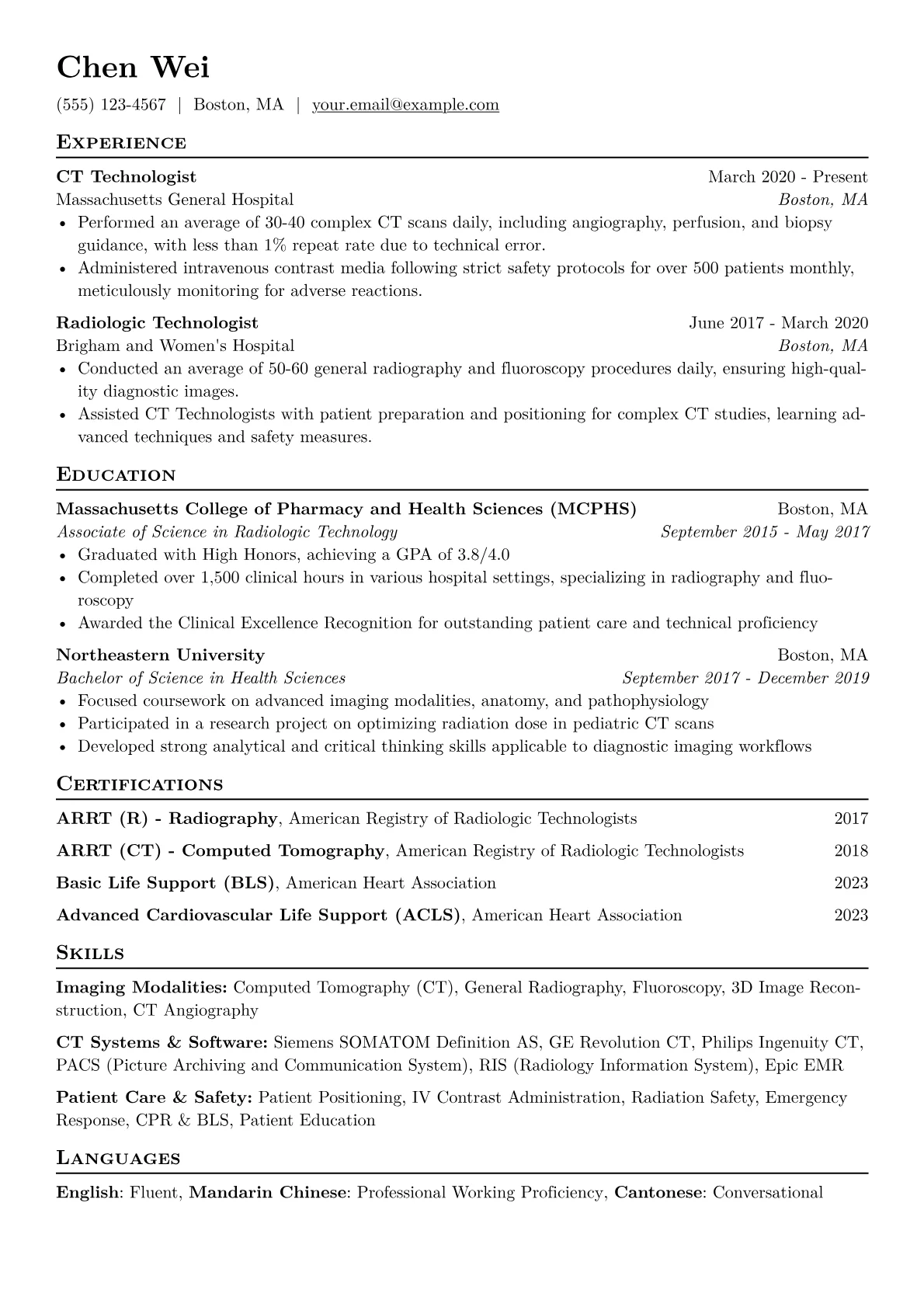 CT Technologist Resume Example CV template - Page 1