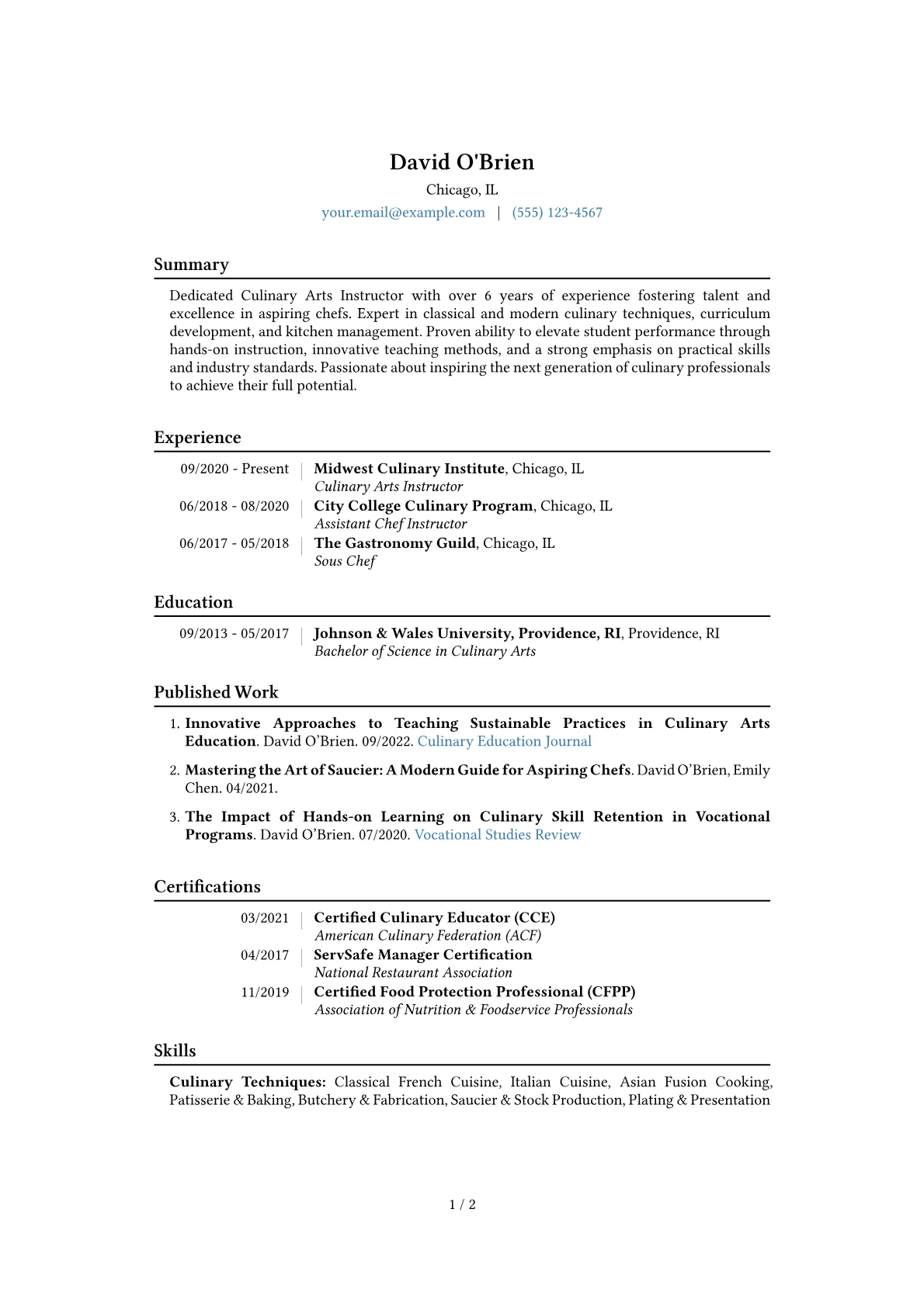 Culinary Arts Instructor Resume Example CV template - Page 1