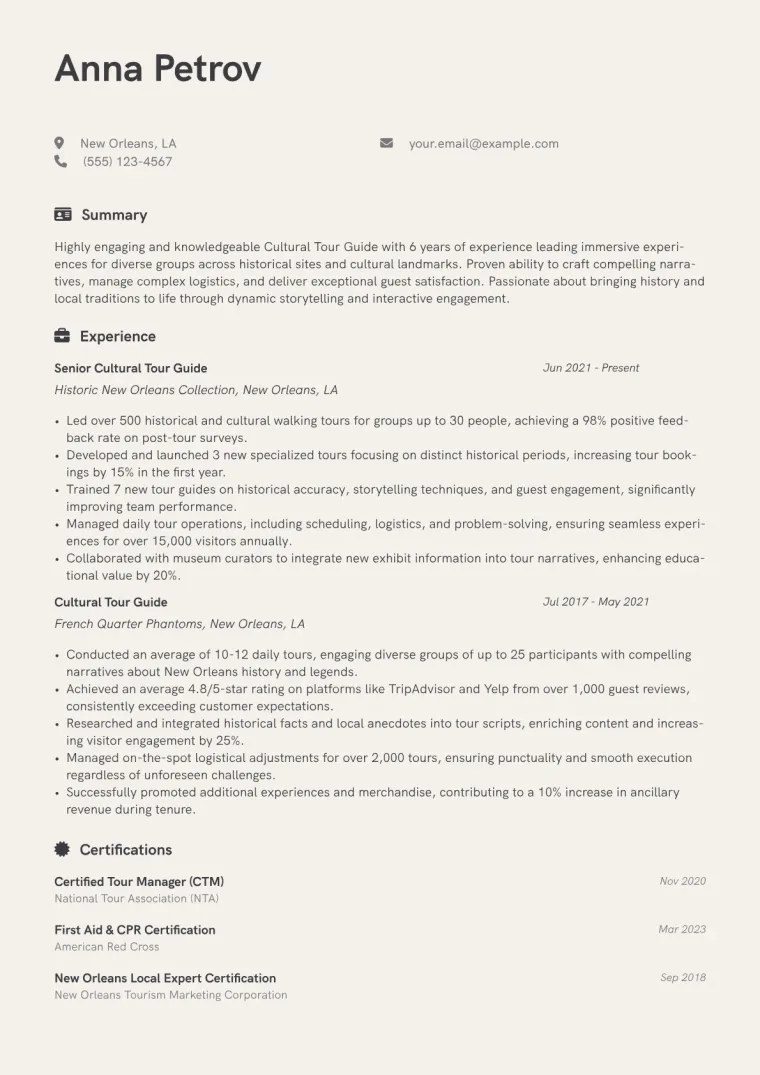 Cultural Tour Guide Resume Example CV template preview
